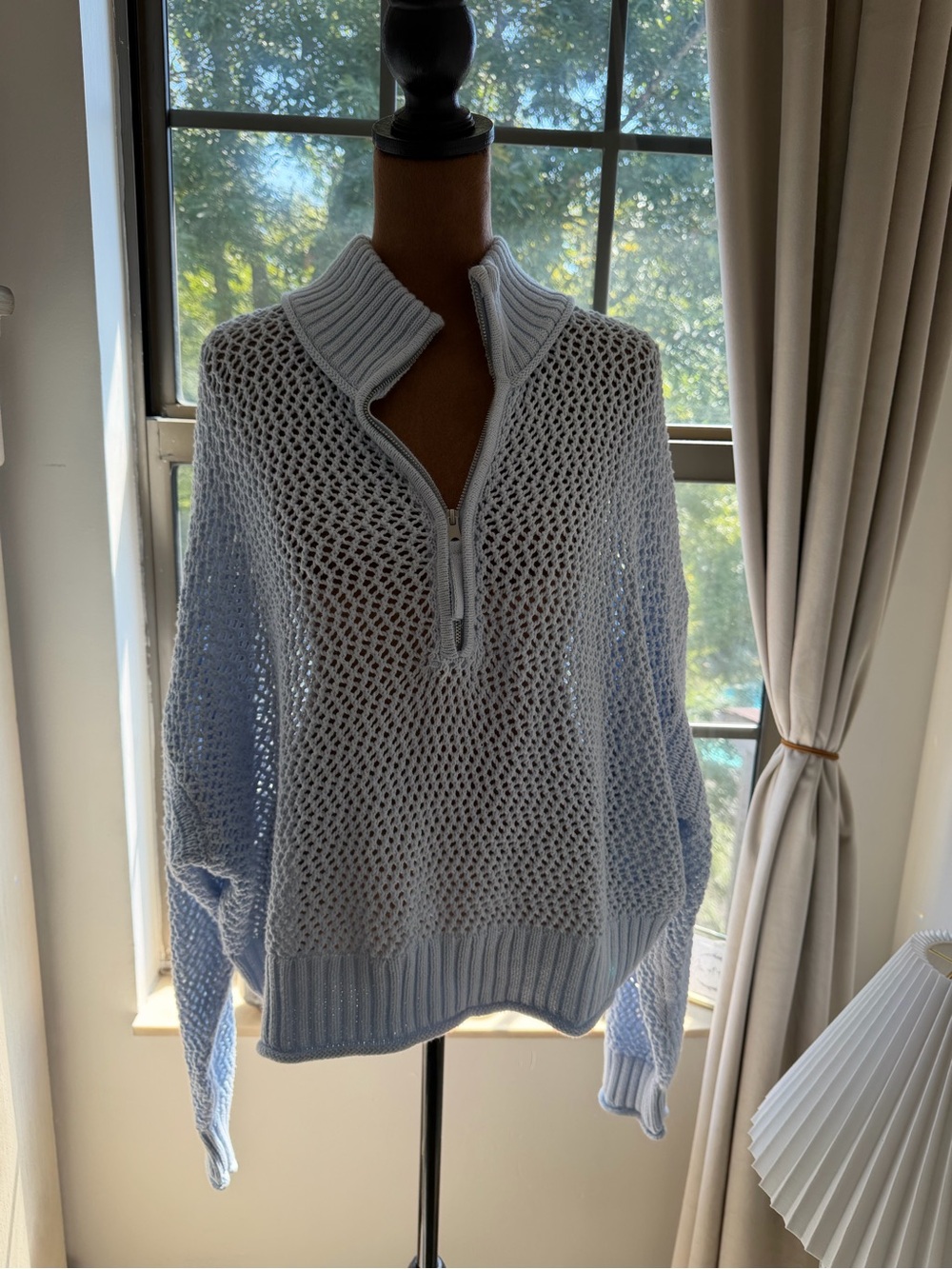 aerie Light Blue Open-Weave Half-Zip Turtleneck Sweater